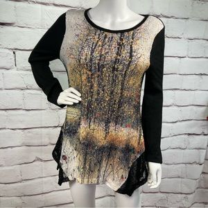 Fleur de Lis Sweater Top Size M Fall Colors Abstract Rainy Day Trees Tunic Lace